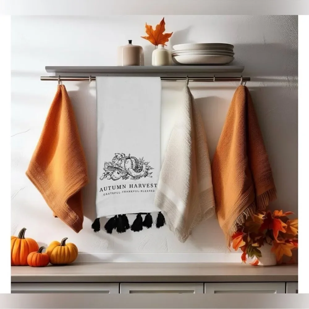 MRKT Autumn Harvest Black White Graphic Gingham Plaid Cotton Towel Gift Set